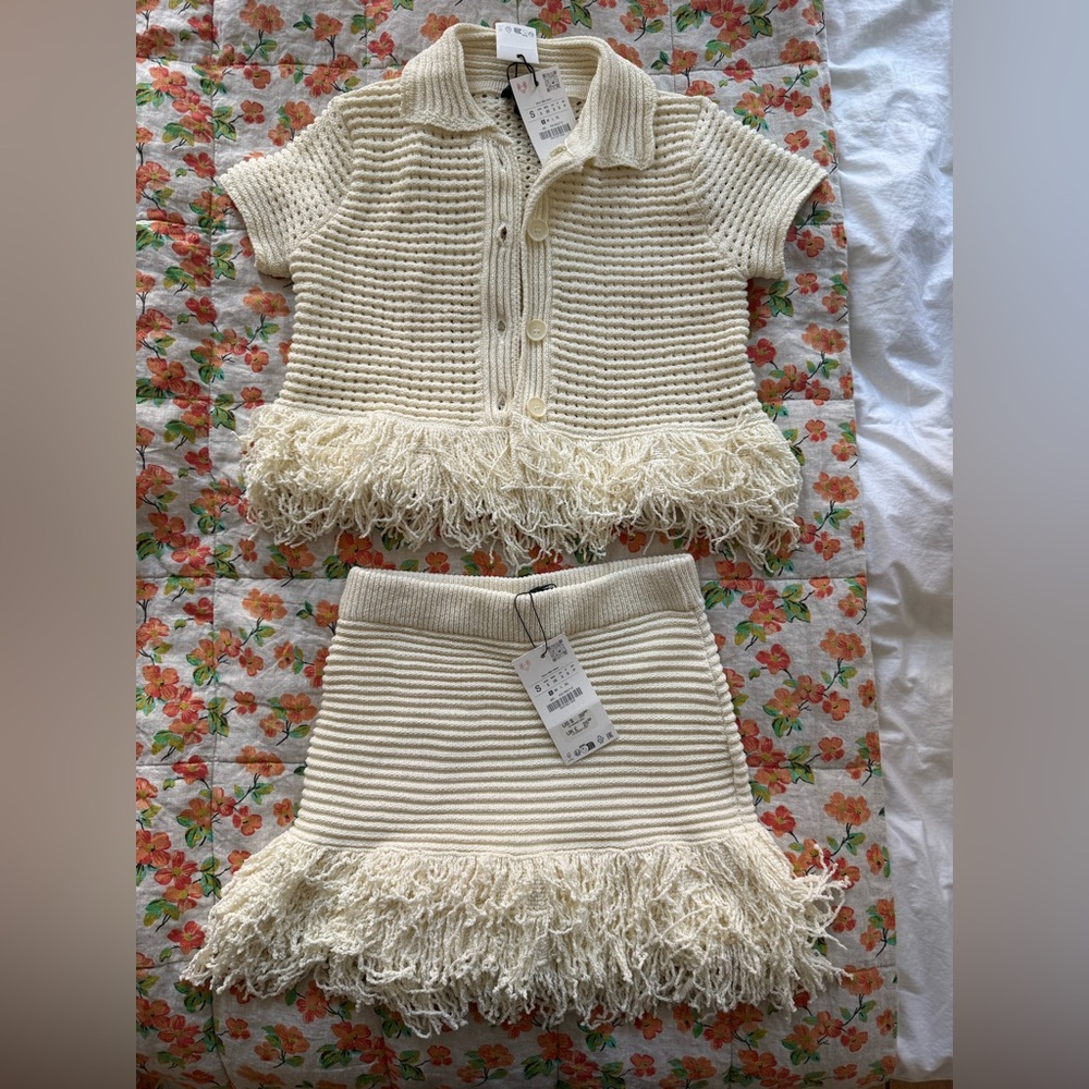 Zara Ivory Fringe Knit Skirt Set